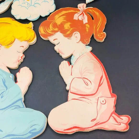 50s Dolly Toy Co Praying Kids Pressed Cardboard Wall Hangings Set Vintage Kitsch - Picture 3 of 14